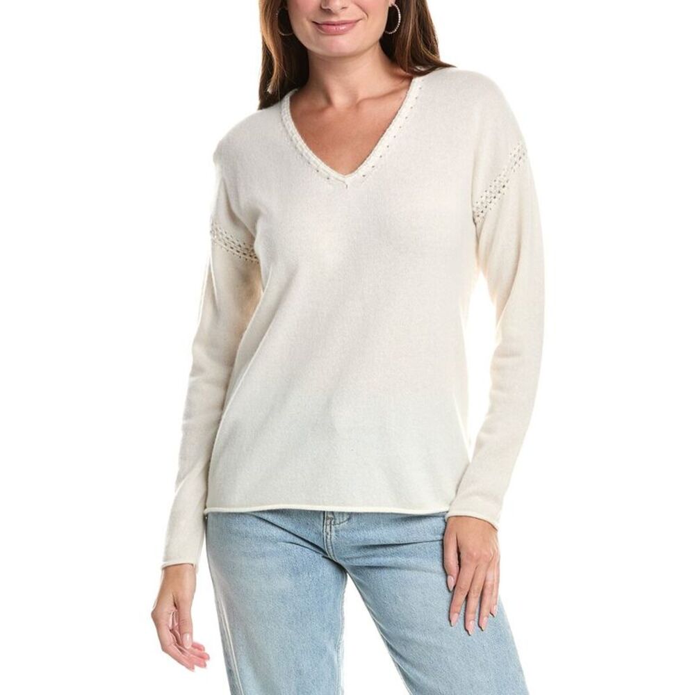 Johnny Was Womens  The Whipstitch V-Neck Cashmere Pullover, White